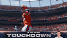 a denver broncos football player in a stadium with the words touchdown on the bottom