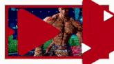 a man with a tattoo on his chest is standing in front of a red play button
