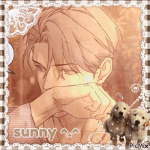a picture of a man with his hand on his face and the word sunny on the bottom