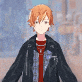 a boy with orange hair wearing a black jacket and a red shirt