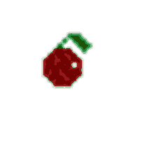 a pixel art of a cherry with a green stem on a white background .