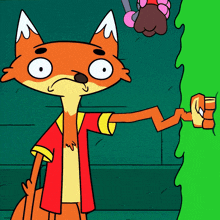 a cartoon fox in a red and yellow shirt is reaching for something