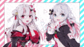 two anime girls with white hair and red eyes are standing next to each other on a pink and blue striped background .