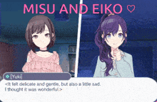 a screenshot of a video game with the words misu and eiko at the top