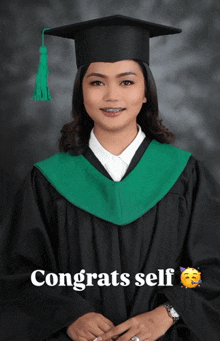 a woman in a graduation cap and gown with the words congrats self on the bottom