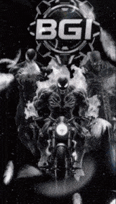 a poster of venom riding a motorcycle with the letters bgi on the bottom