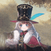 a girl in a top hat with a feather on it