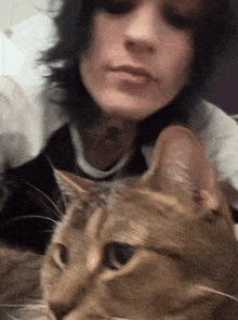 a close up of a woman petting a cat that is looking at the camera