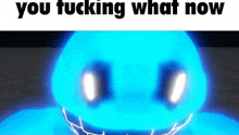 a picture of a blue monster with the words `` you fucking what now '' on it .