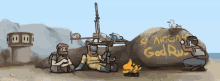 a cartoon drawing of a group of people sitting around a fire with a large rock that says god rus on it