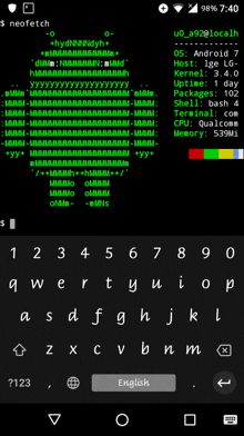 a screenshot of a phone with the word neofetch on the top left