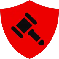 a red shield with a black gavel icon on it