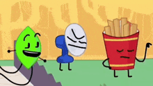 a group of cartoon characters are standing next to each other . one of the characters is a bucket of french fries .