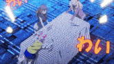 a girl is laying on a table with a checkered table cloth and the word " わい " in orange