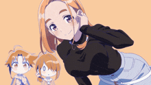 a girl in a black sweater is standing next to two other girls with numbers 0 and 0 on their faces