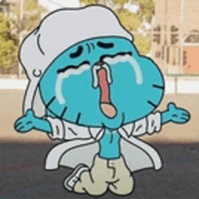 a cartoon character from the amazing world of gumball is crying while wearing a chef 's hat .
