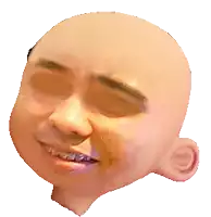 a close up of a bald man 's face with a smile on his face