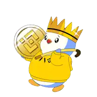a penguin wearing a crown and holding a coin