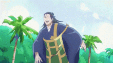 a man in a kimono is standing in front of palm trees and laughing .