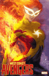 a poster for the west coast avengers shows a woman in a fire suit