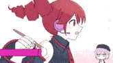 a drawing of a girl with red hair holding a stick