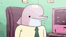 a cartoon dolphin wearing a suit and tie is sitting in front of a computer .