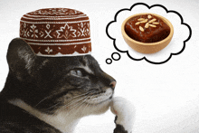 a cat is wearing a hat and thinking about food