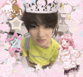 a boy wearing a tiara and a yellow shirt that says ' tantaro '