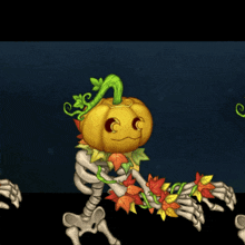 a cartoon of a skeleton with a pumpkin head