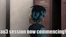 a cartoon character is standing in front of a locker and the words a03 session now commencing