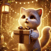 a cat holding a gift box with a bow