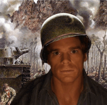 a man wearing a helmet stands in front of a painting of soldiers and a tank