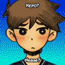 a drawing of a boy with the words repo please written on it
