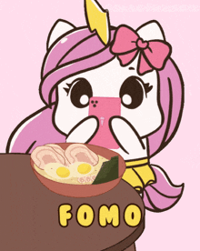 a cartoon of a unicorn taking a picture of a bowl of food that says fomo on the bottom