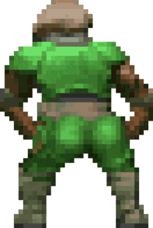 a pixel art of a man in a green outfit standing with his hands on his hips .
