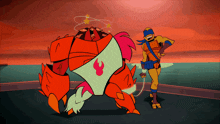 a cartoon character with a red flame on his chest is standing next to another character