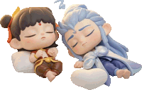 a boy and a girl are sleeping next to each other on a white background