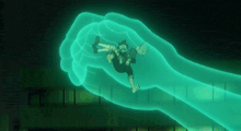 a cartoon character is being held by a large hand