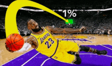a basketball player wearing a lakers jersey is laying on the court