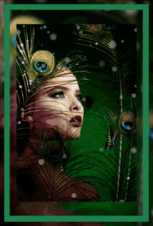 a picture of a woman with peacock feathers around her head