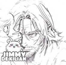 a black and white drawing of a man with the name jimmy dekilian on the bottom right