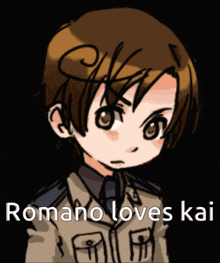 a drawing of a boy with the words " romano loves kai " on the bottom