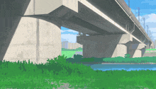 a drawing of a bridge over a river with trees in the foreground