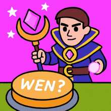 a cartoon of a man holding a wand and a button that says wen on it