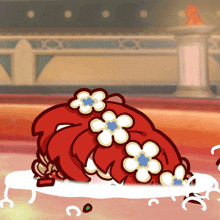 a red cartoon character with white flowers on her hair