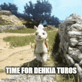 a picture of a llama with the words time for dehkia turos