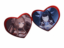 a pair of heart shaped glasses with a picture of two anime girls