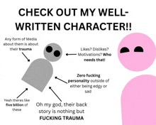 a poster that says check out my well-written character on it