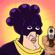 a cartoon character with purple hair is pointing a gun at the viewer