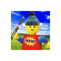 a lego man wearing a blue hat and a red shirt that says mem